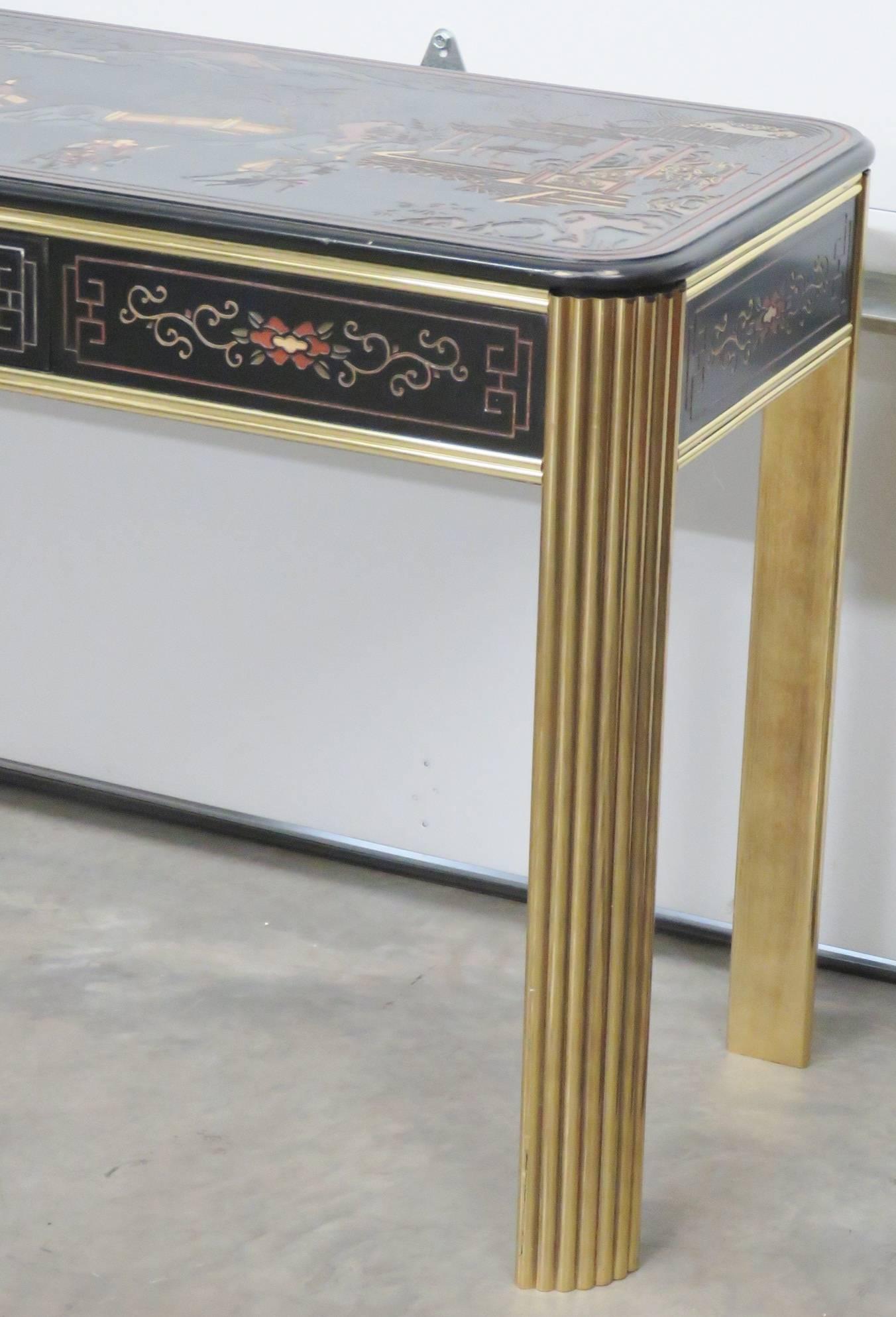 Mastercraft Style Chinoiserie Decorated Brass Console Sofa Table  In Good Condition In Swedesboro, NJ