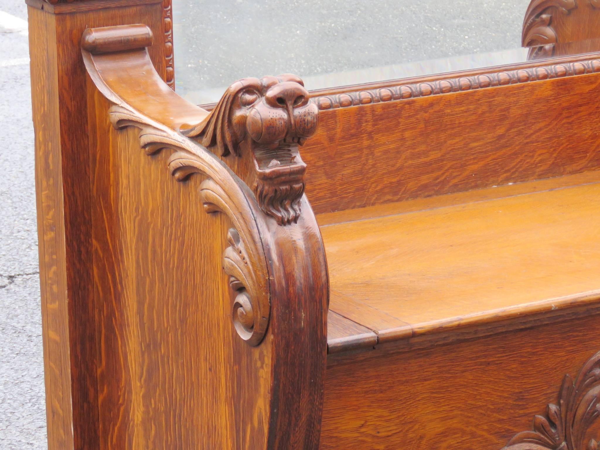 R.J. Horner Oak Carved Hall Seat with Lion's Heads 3