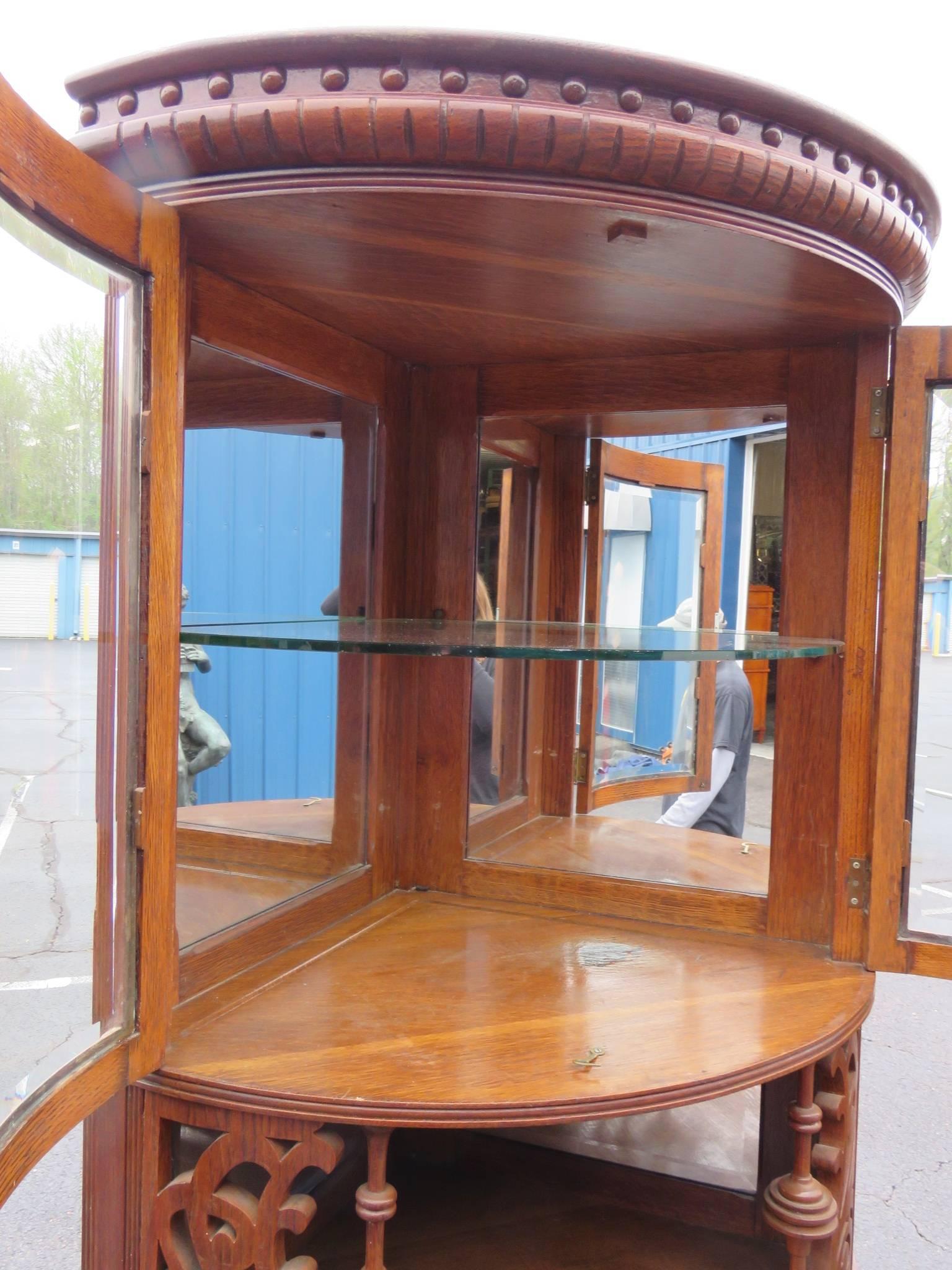 19th Century Rare Companion Pair of Oak Carved Corner Cabinets