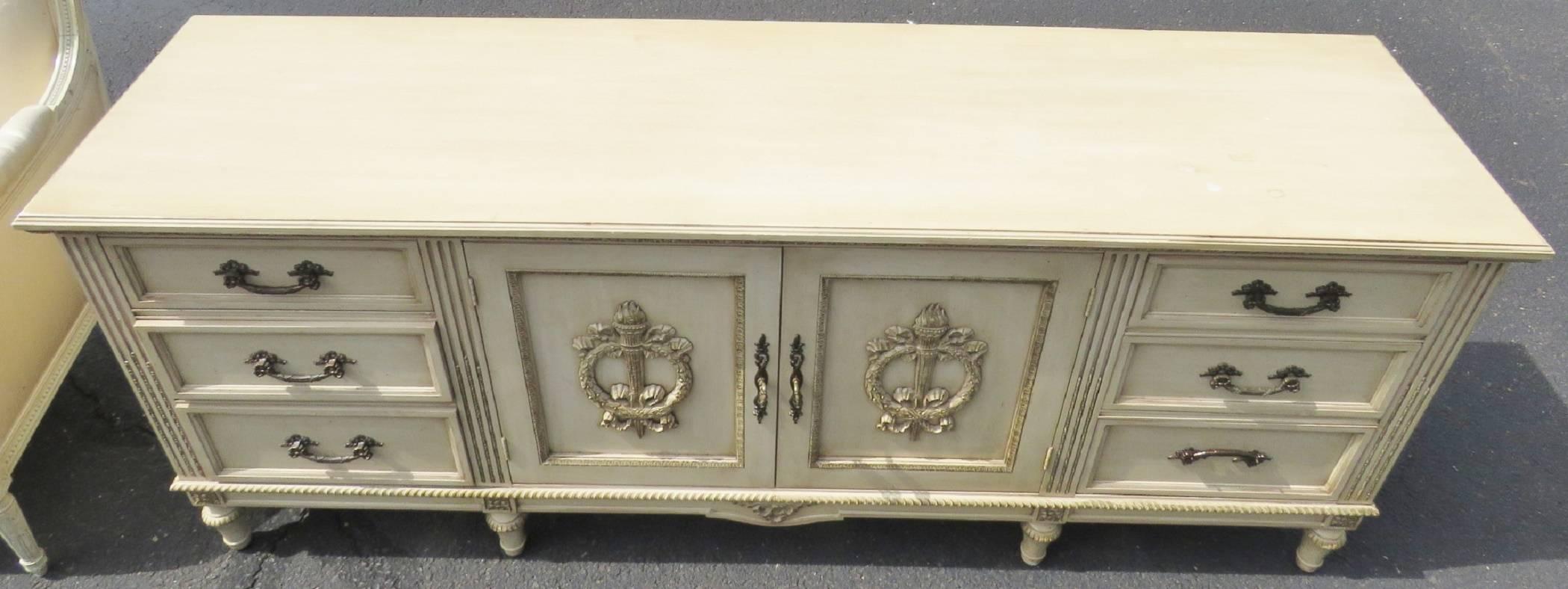 Davis Swedish Style Distressed Cream Painted Carved Sideboard 4