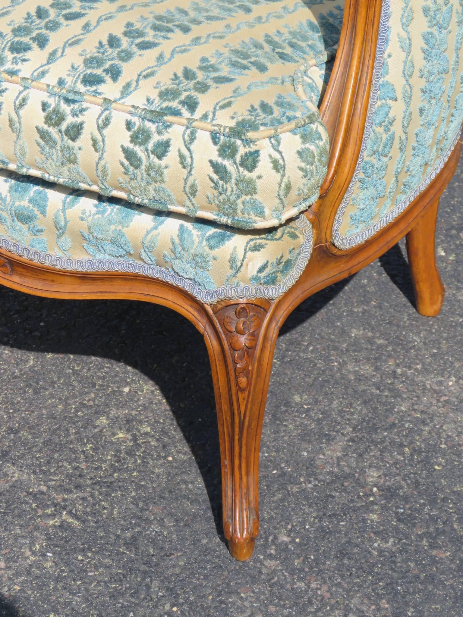 Pair of Louis XVI Style Walnut Carved Upholstered Bergere Chairs  In Good Condition In Swedesboro, NJ