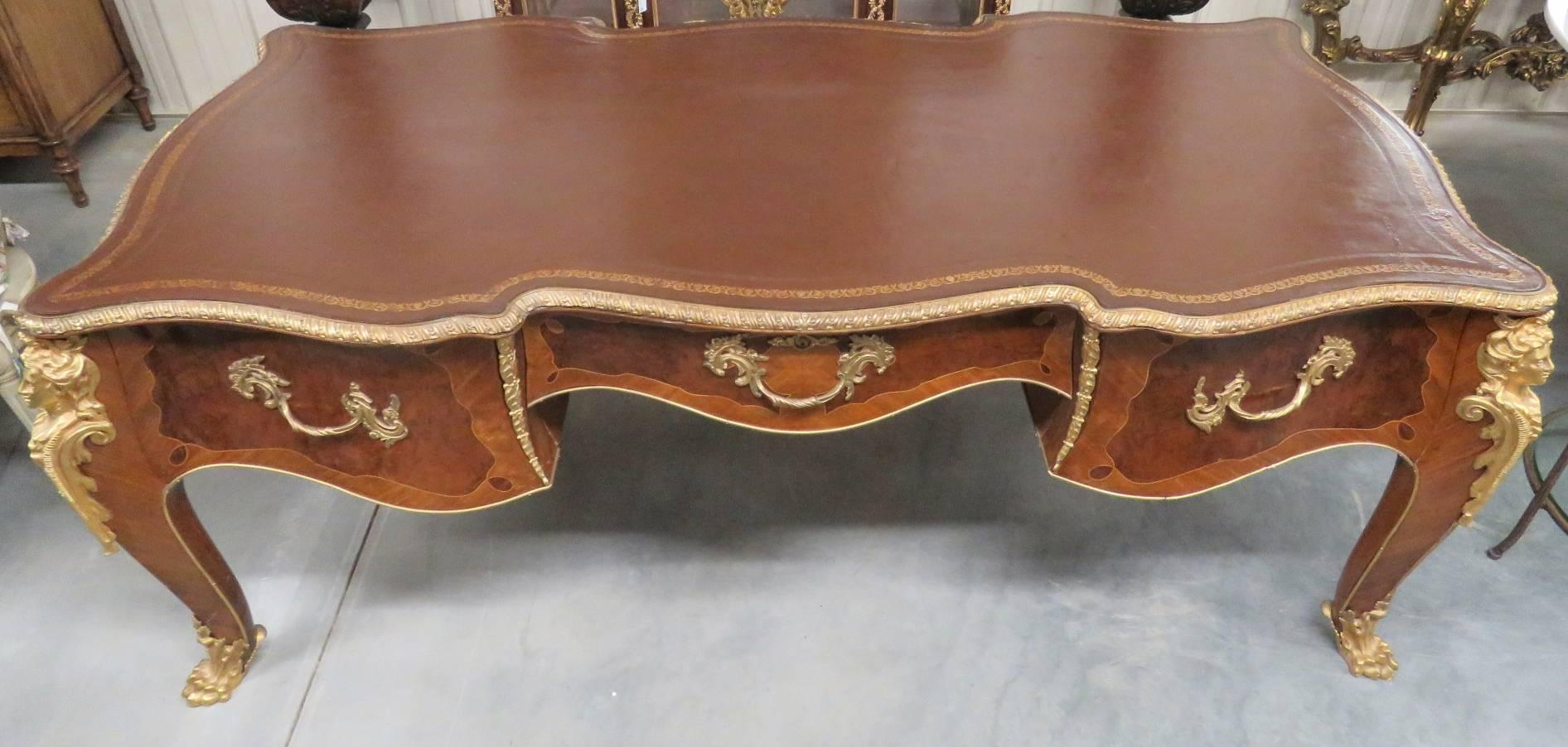 American 19th Century Leather Top Figural Inlaid Desk