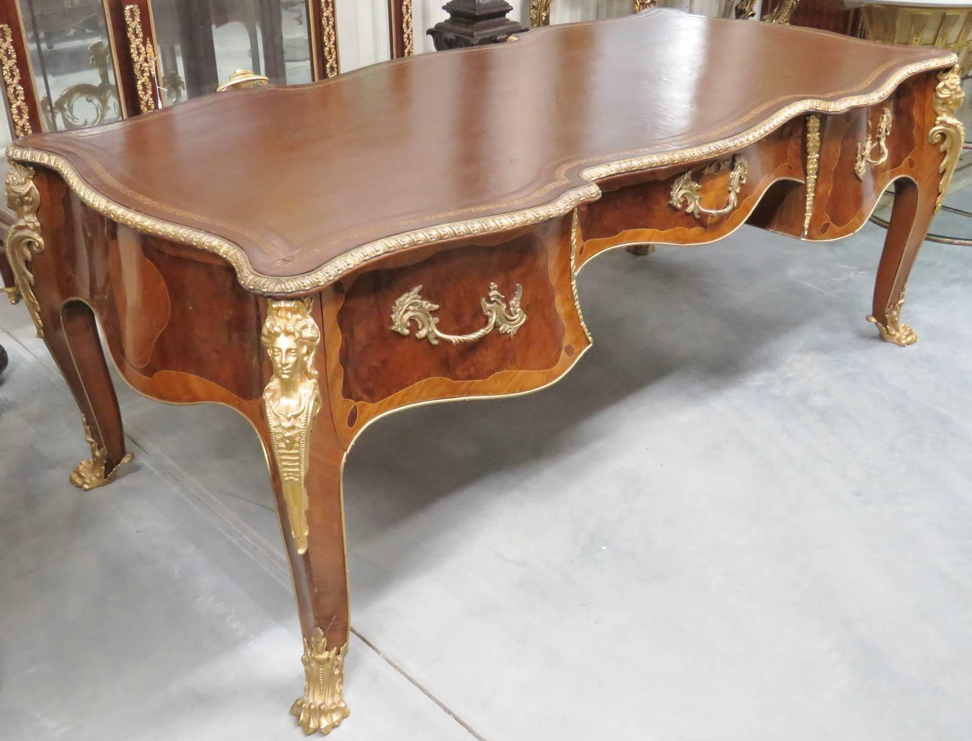 Early 20th Century 19th Century Leather Top Figural Inlaid Desk