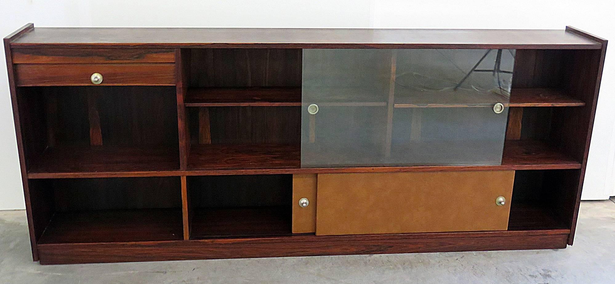 Frattini rosewood TV console or bookcase with tambour roll up door, five doors and two shelves.
