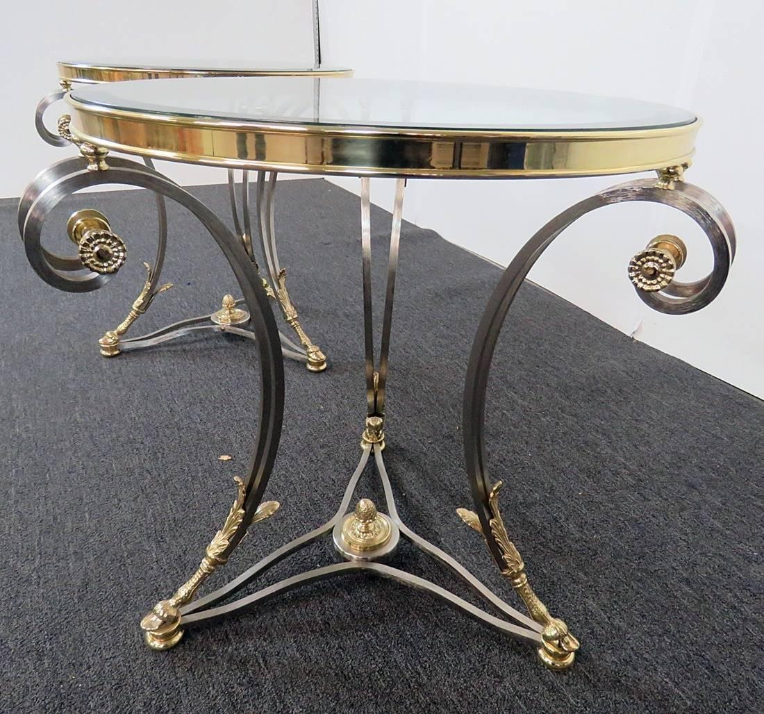 Regency Pair Round Brass & Steel Jansen Style Glass Top Gueridons Occasional End Tables  For Sale