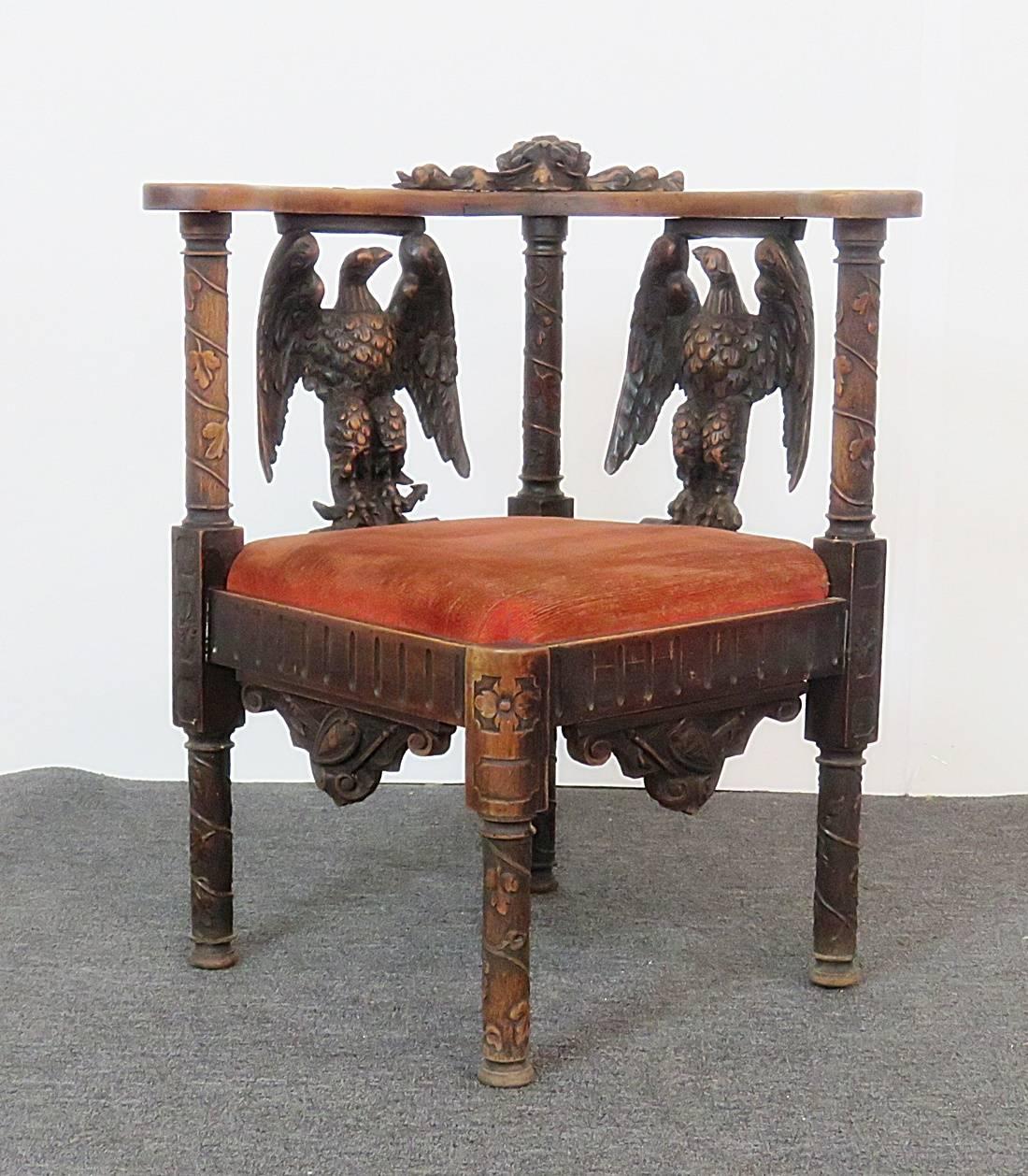 Figural carved wood. Upholstered seat. Measure: 16.5