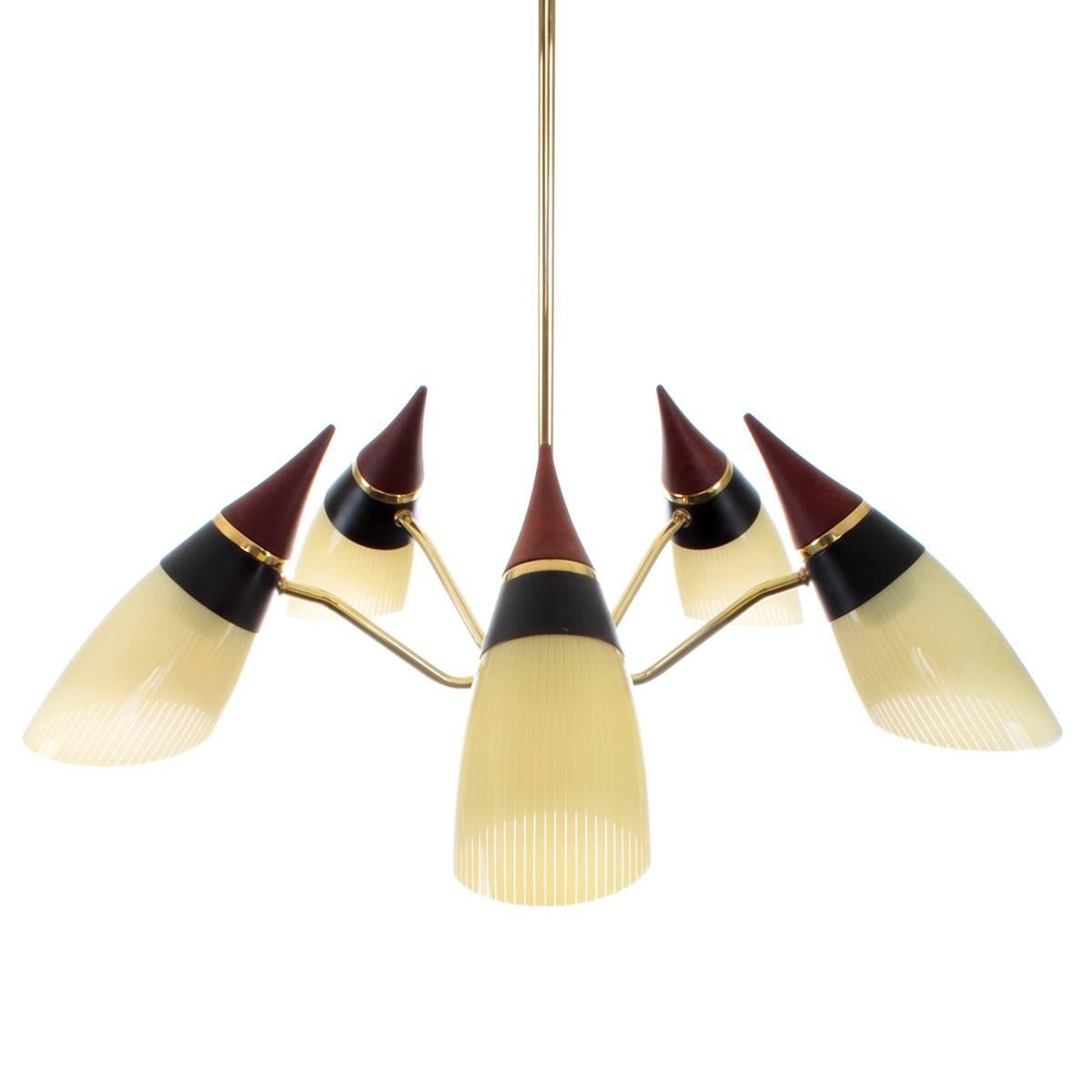Lacquered Five-Light Chandelier Opaline Glass Shades & Teak Tops, Art Deco from the 1950s
