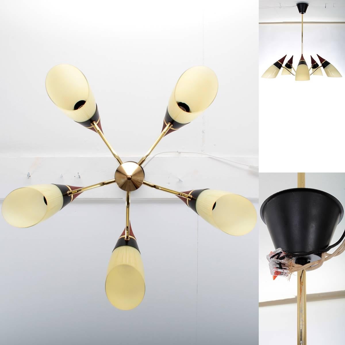 Five-Light Chandelier Opaline Glass Shades & Teak Tops, Art Deco from the 1950s In Excellent Condition In Frederiksberg, DK