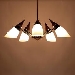 Five-Light Chandelier Opaline Glass Shades & Teak Tops, Art Deco from the 1950s