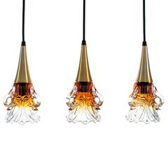 Glass Pendants Set of Three Danish Amber Glass Hanging Lamp with Brass Tops