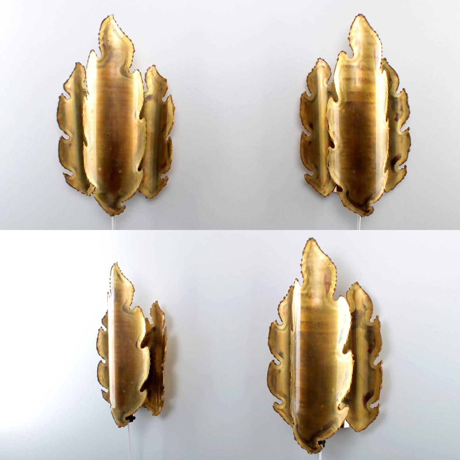 Danish Brass Sconces Pair, by Holm Sorensen, 1960s, Brutalist Style Brass Wall Lamps