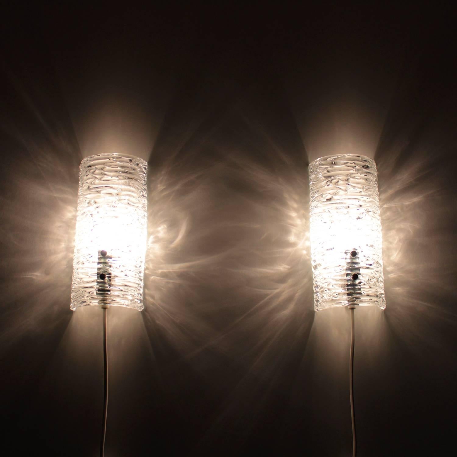 Scandinavian Modern Crystal Sconces 1960s, Pair of Clear Scandinavian Crystal Wall Lights