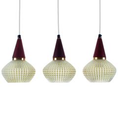 Glass and Teak Pendants Set of Three, 1950s Danish Hanging Glass Light with Teak