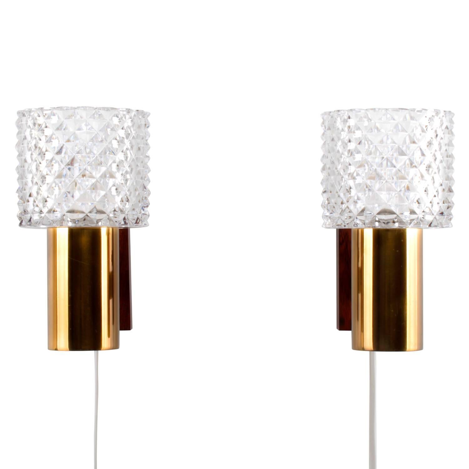 Mid-Century Modern Crystal Glass and Rosewood Pair of Wall Sconces, 1960s Danish Lighting Design