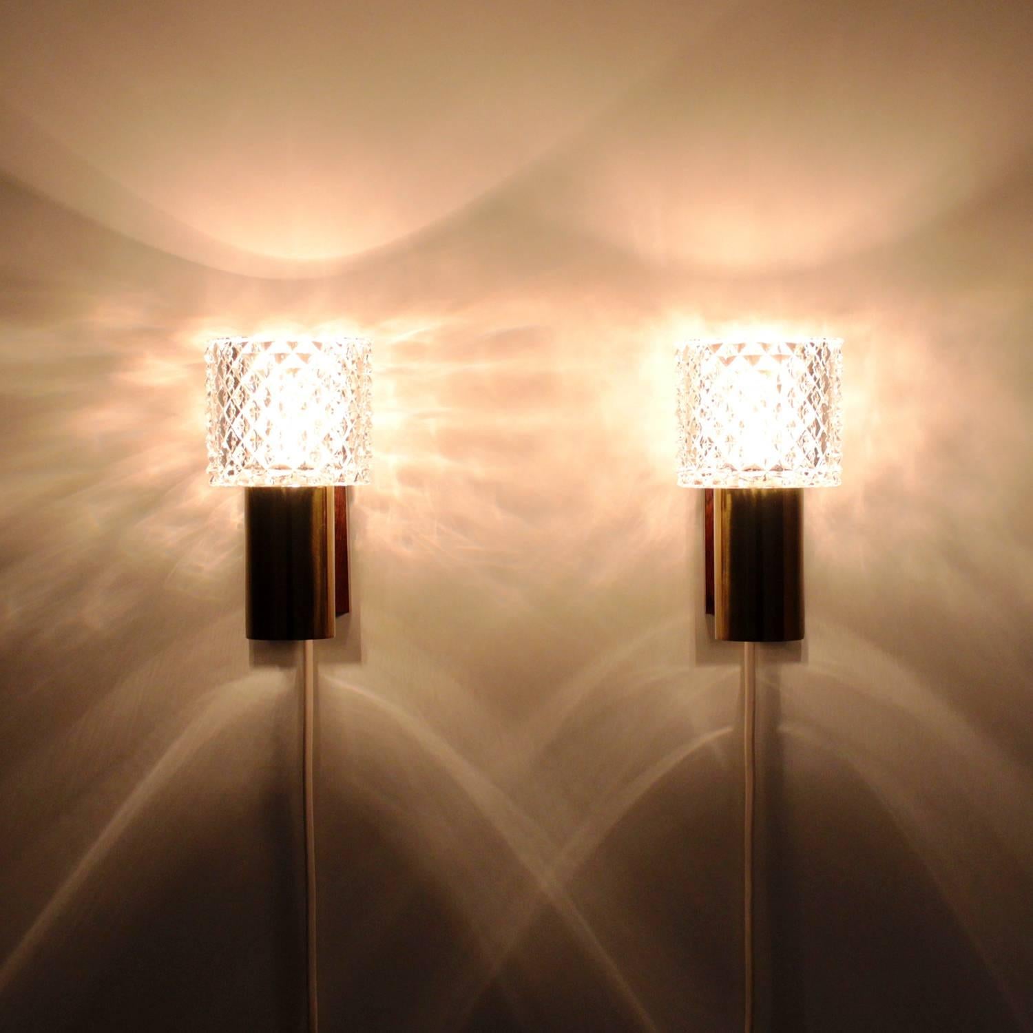 Scandinavian Crystal Glass and Rosewood Pair of Wall Sconces, 1960s Danish Lighting Design
