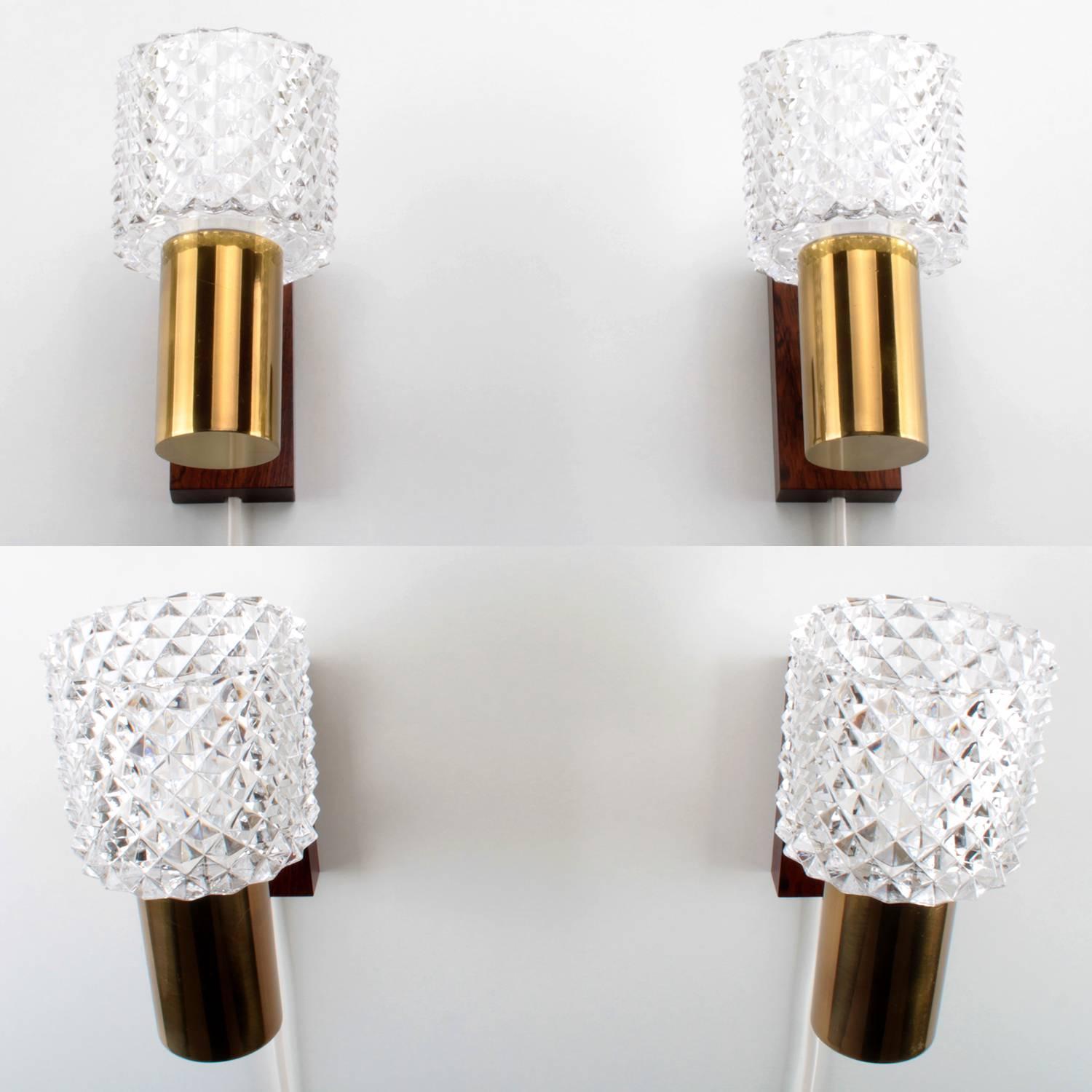 Crystal Glass and Rosewood Pair of Wall Sconces, 1960s Danish Lighting Design In Excellent Condition In Frederiksberg, DK