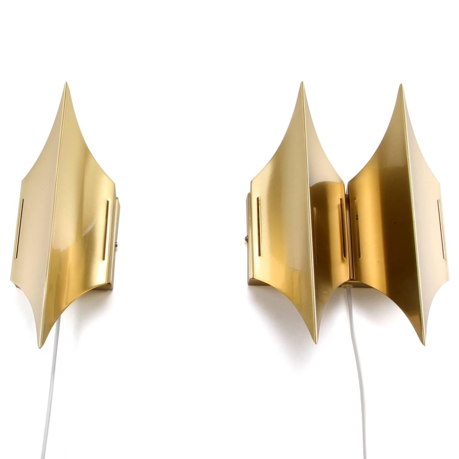Scandinavian Modern Gothic 1 + 2 - Set of Two Extremely Stylish Brass Wall Lights by Lyfa, 1970s