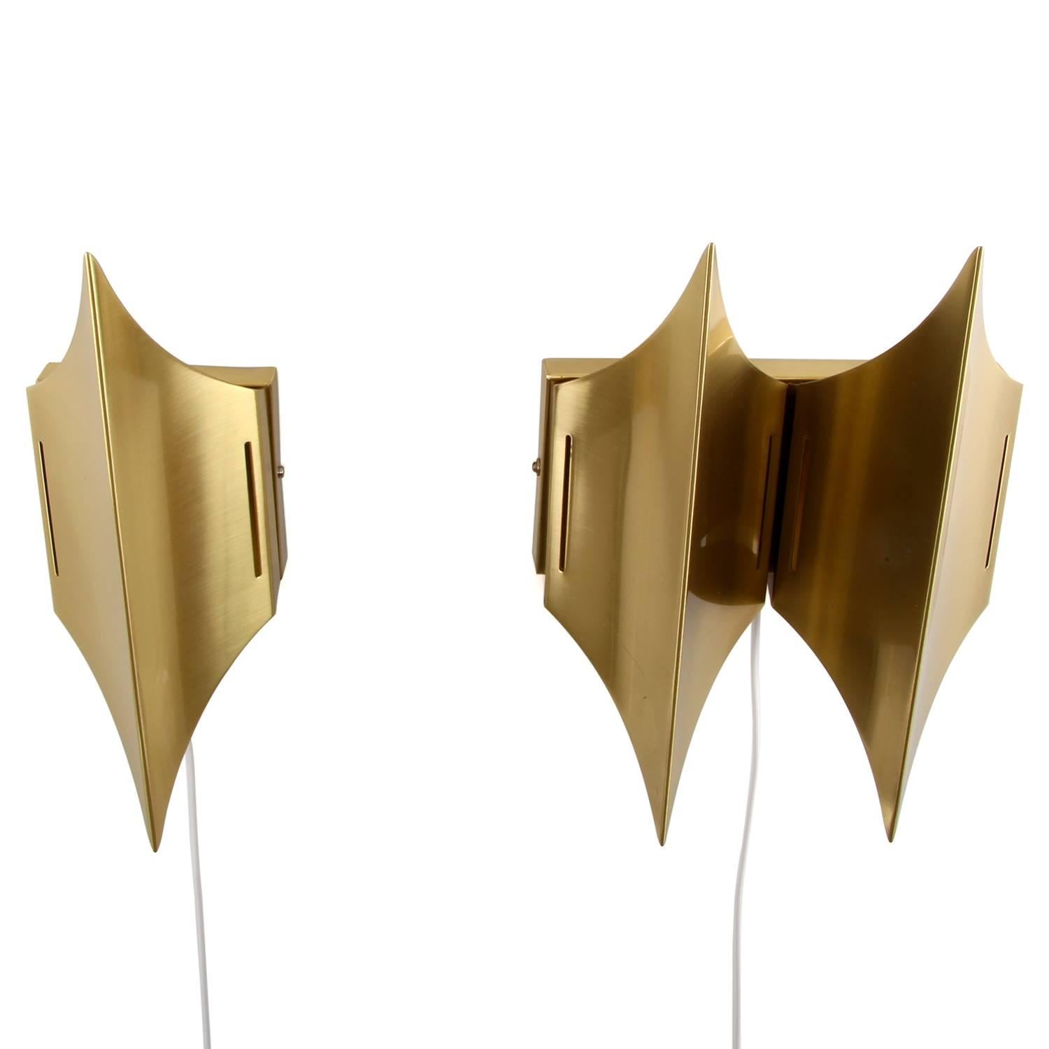 Danish Gothic 1 + 2 - Set of Two Extremely Stylish Brass Wall Lights by Lyfa, 1970s