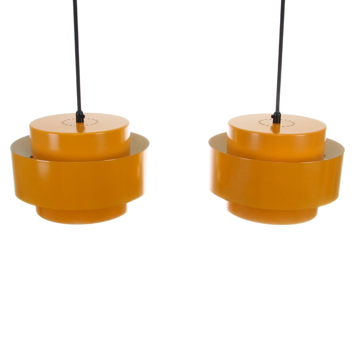 Lacquered JUNO, Sunny Yellow Pendant Pair by Jo Hammerborg in 1969 for Fog & Morup