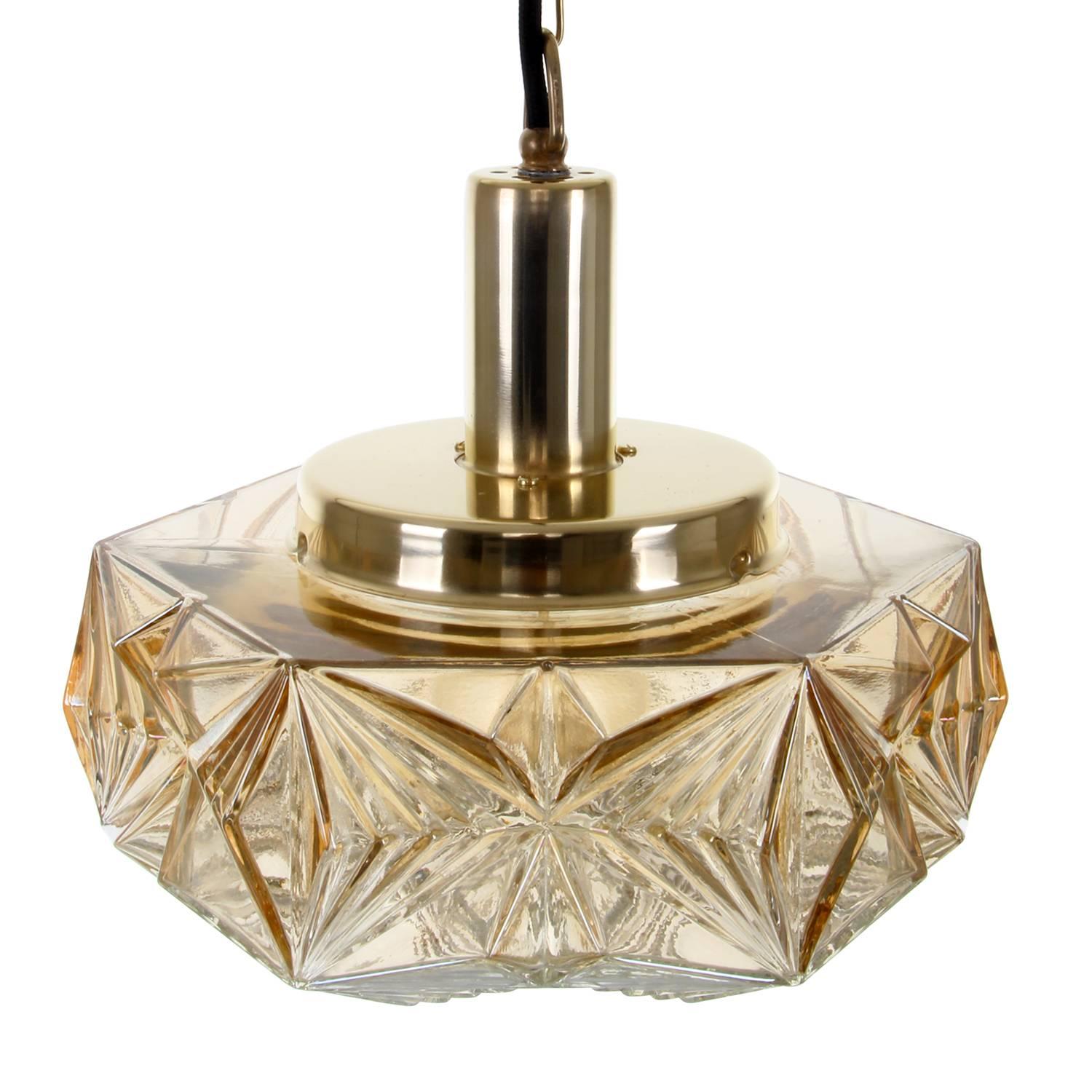 Polished Pressed Glass Pendant, No. 36404 by Vitrika, 1960s, Vintage Glass and Brass Lamp