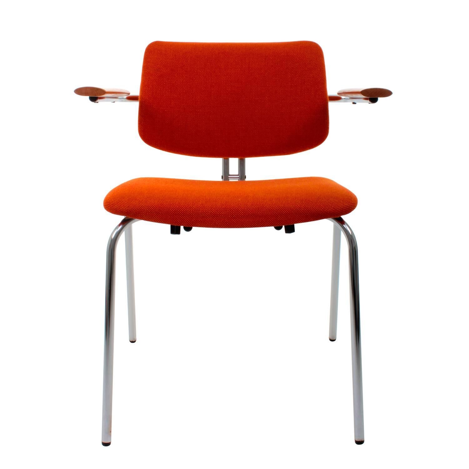 Chair by Duba Møbelindustri in the 1980s - vintage dining chair with original orange wool upholstery, beech armrest and chromed legs - in very good vintage condition.

A very attractive dining chair, shaped a little different to common slim and