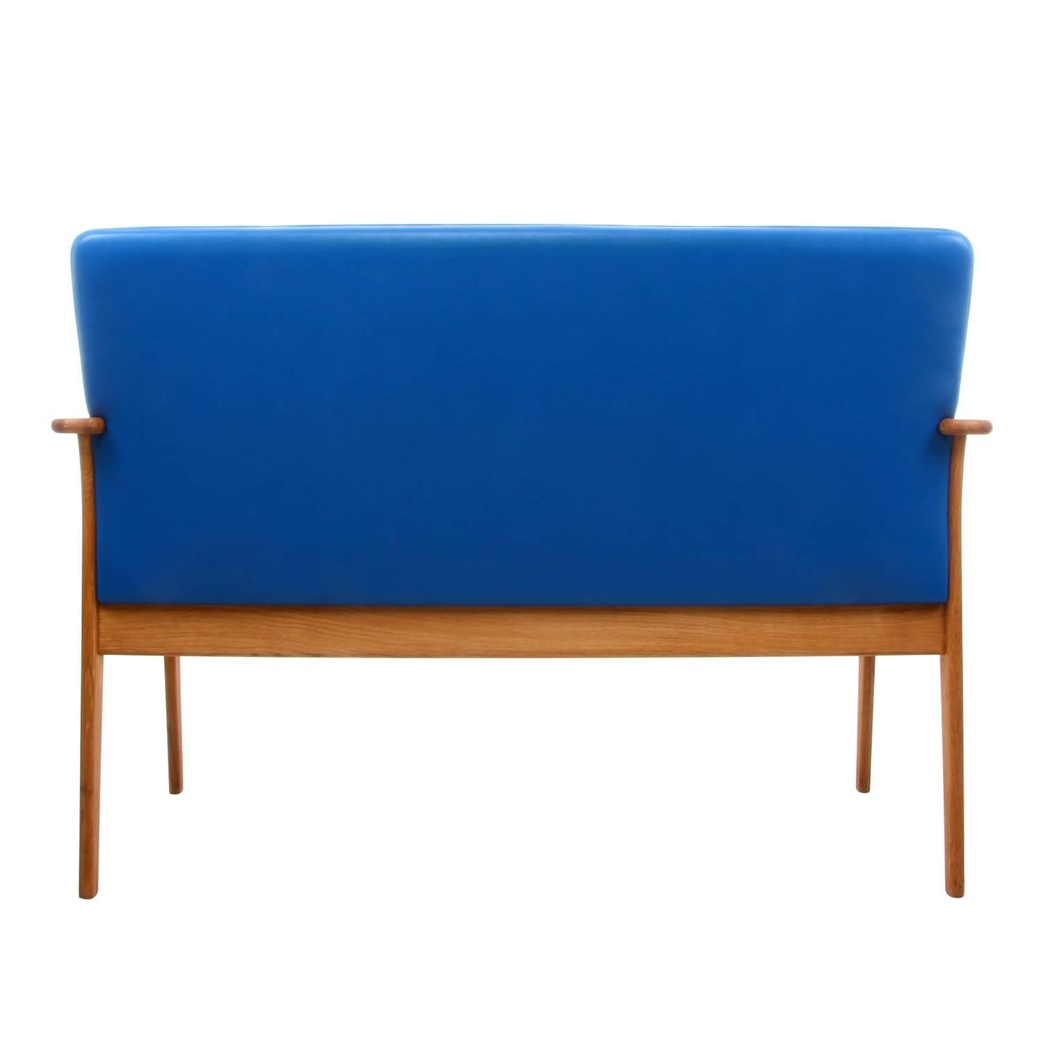 Danish Two-Seat Sofa by Erik Buch, 1970s, Oil-Treated Oak Couch with Blue Upholstery For Sale