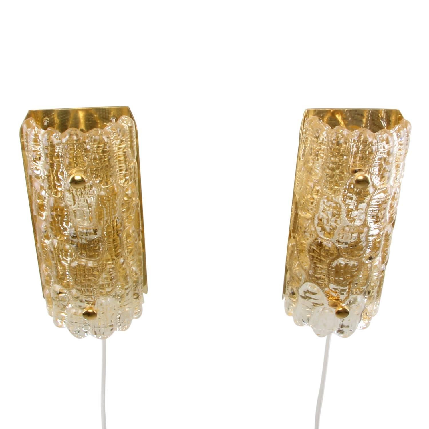 Brass Gefion Sconces 'Pair', Crystal Glass Wall Lights by Lyfa/Orrefors, 1960s For Sale