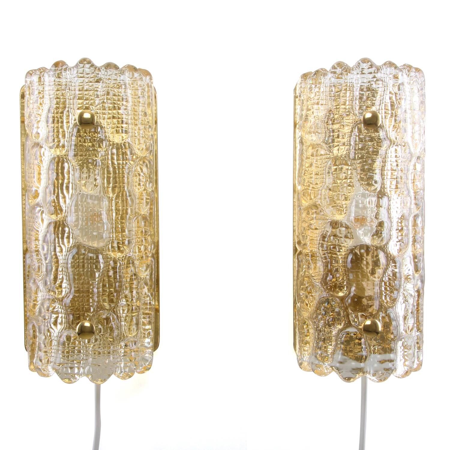 Gefion Sconces 'Pair', Crystal Glass Wall Lights by Lyfa/Orrefors, 1960s For Sale