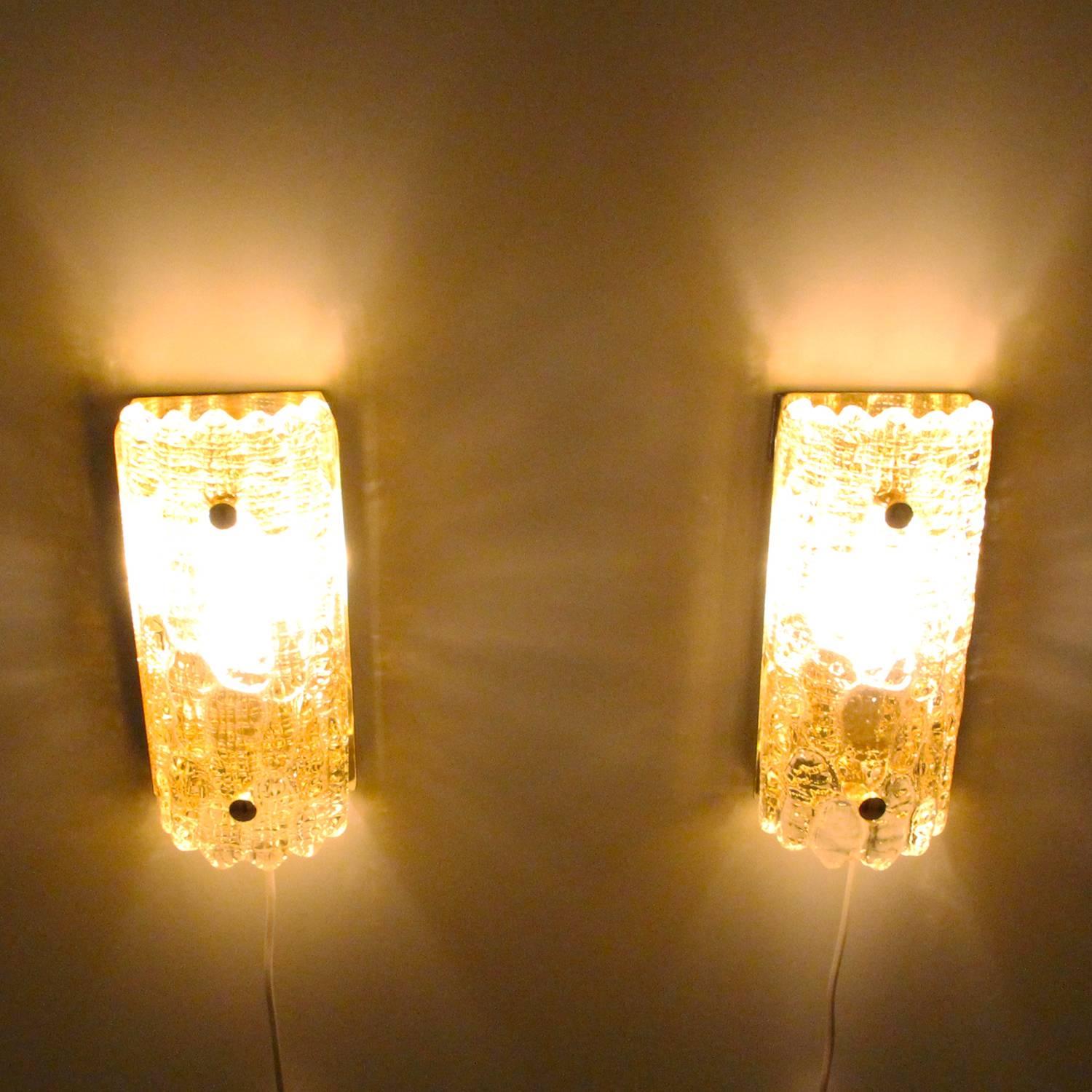 Gefion Sconces 'Pair', Crystal Glass Wall Lights by Lyfa/Orrefors, 1960s For Sale 1