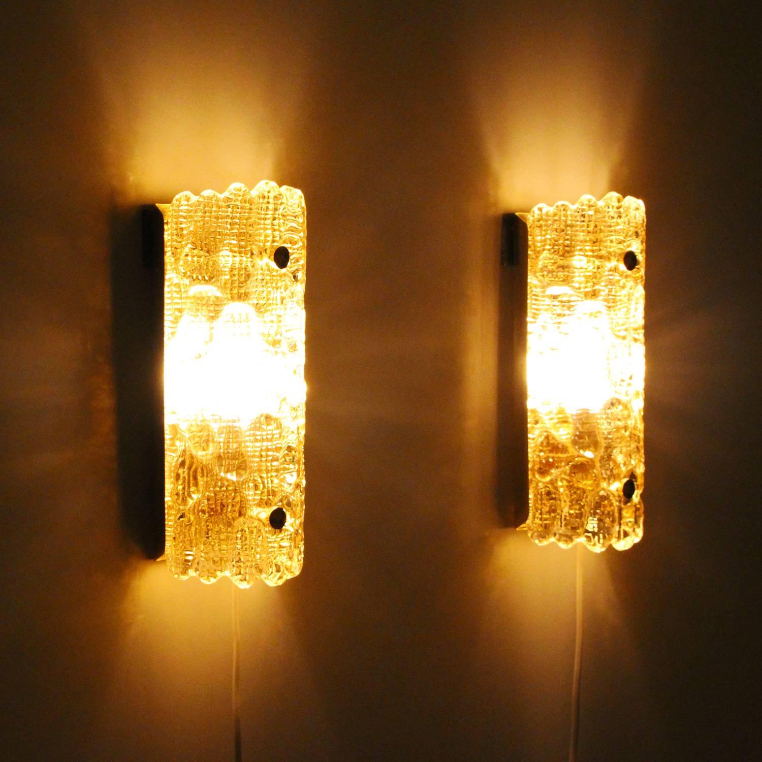 Danish Gefion Sconces 'Pair', Crystal Glass Wall Lights by Lyfa/Orrefors, 1960s For Sale