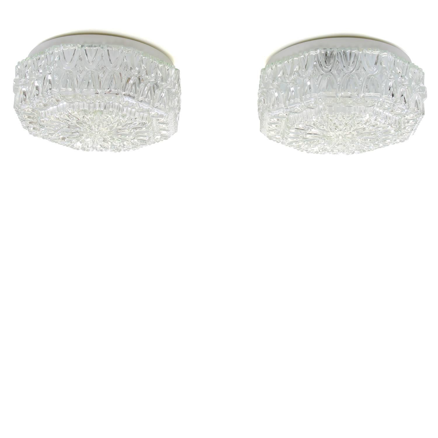 Mid-Century Modern Pressed Glass Flush, Pair of Ceiling Flush Lights, 1960s Vintage Flush Lights