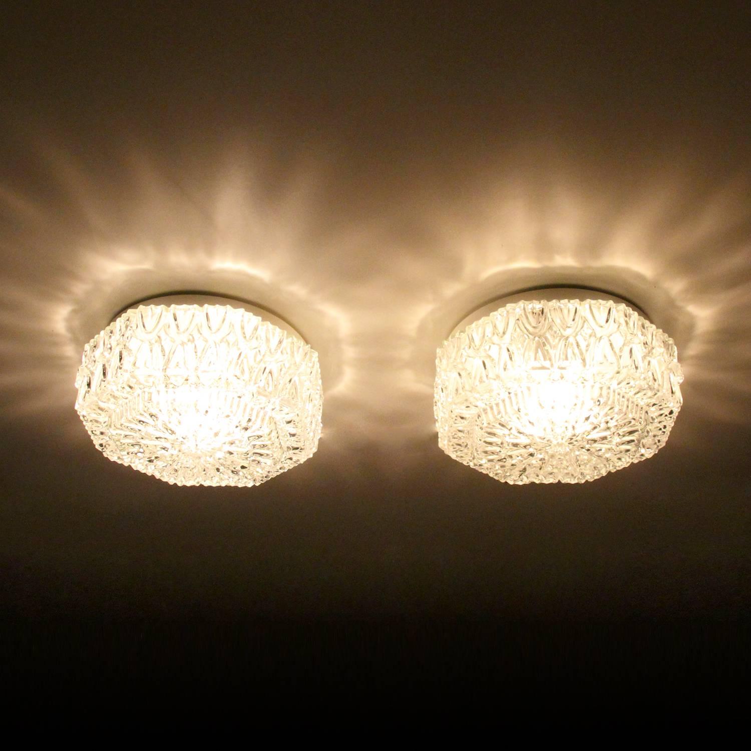 Danish Pressed Glass Flush, Pair of Ceiling Flush Lights, 1960s Vintage Flush Lights