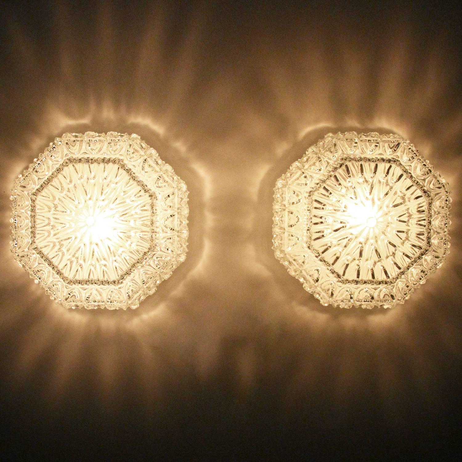 20th Century Pressed Glass Flush, Pair of Ceiling Flush Lights, 1960s Vintage Flush Lights