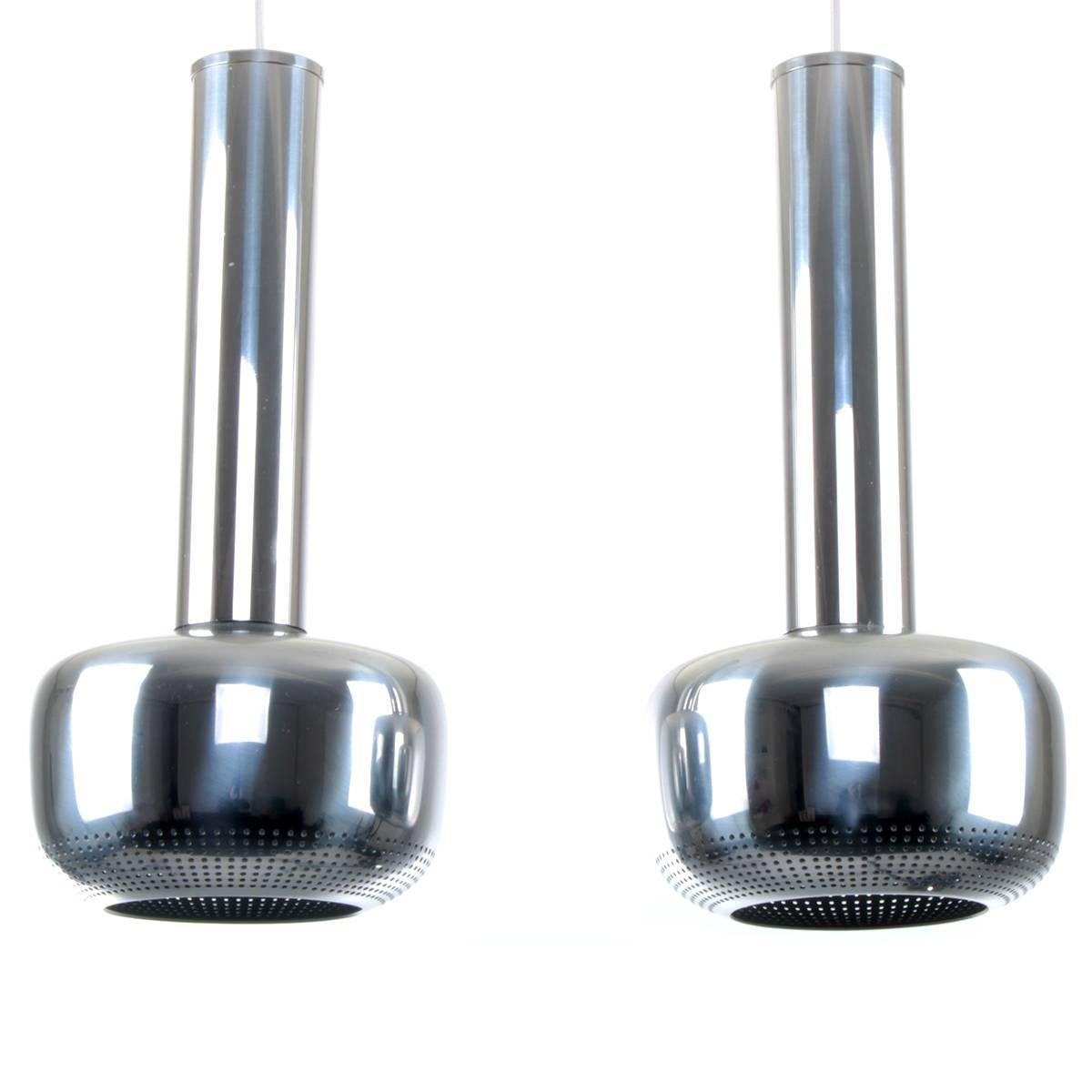 Danish Guldpendel, Chrome Pendant Pair by Vilhelm Lauritzen in 1956 for Louis Poulsen For Sale