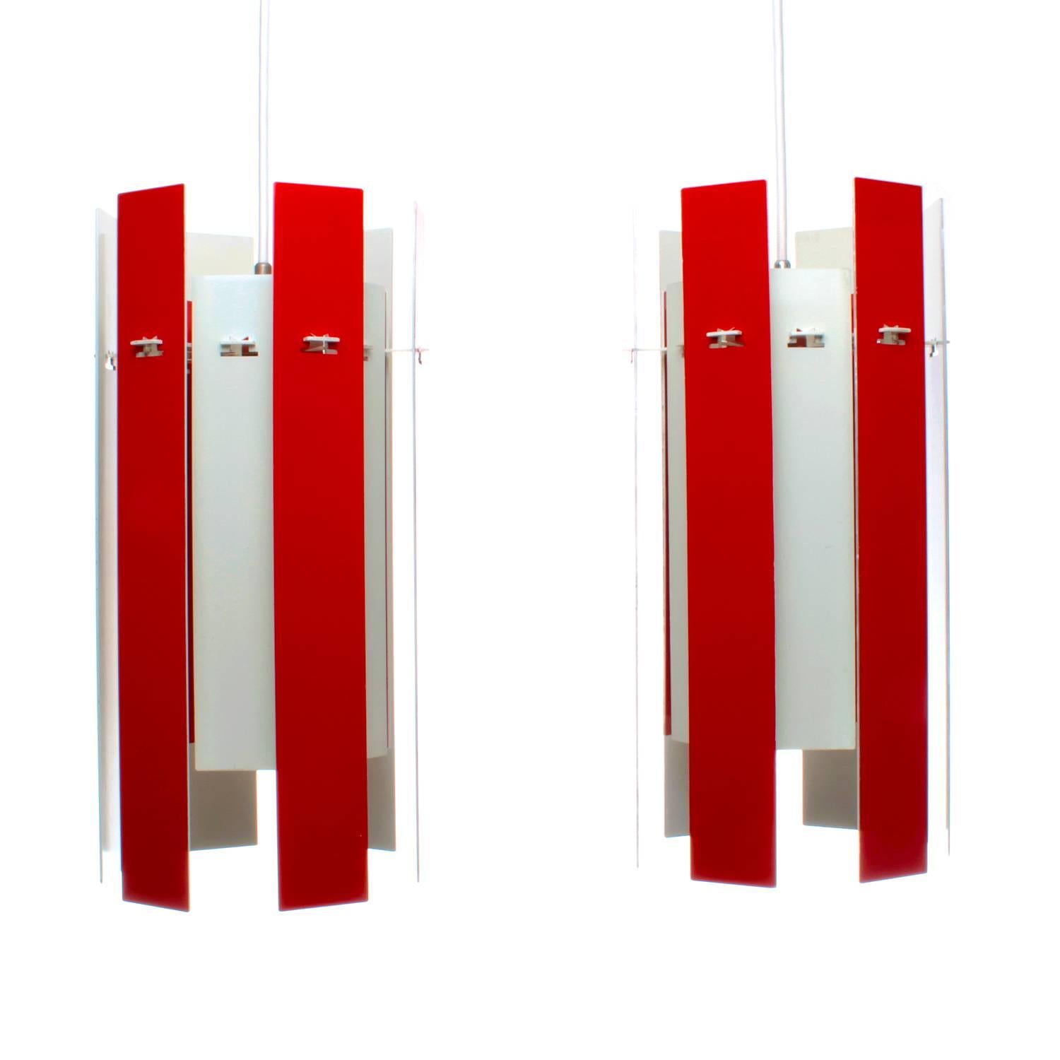 Cocktail Pendant Pair by Henning Rehhof, Fog & Mørup, 1971, Red & White Lamps For Sale