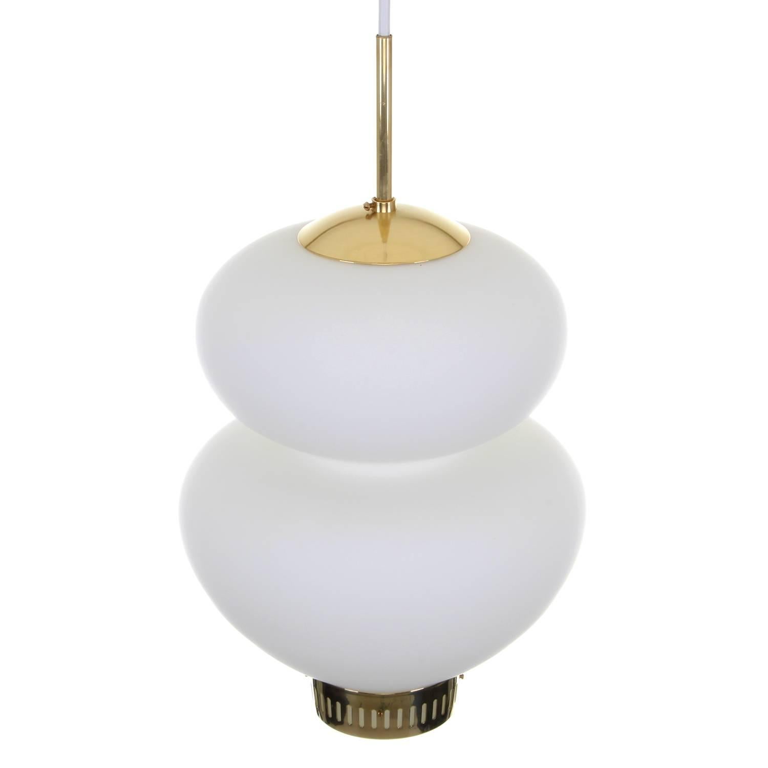 Polished Peanut Lamp by Bent Karlby, 1946, Lyfa, Large Opal and Brass Hanging Light For Sale