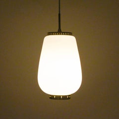 Opal Glass Pendant by Lyfa, 1940s, Vintage Teardrop Opal Glass Lamp with Brass