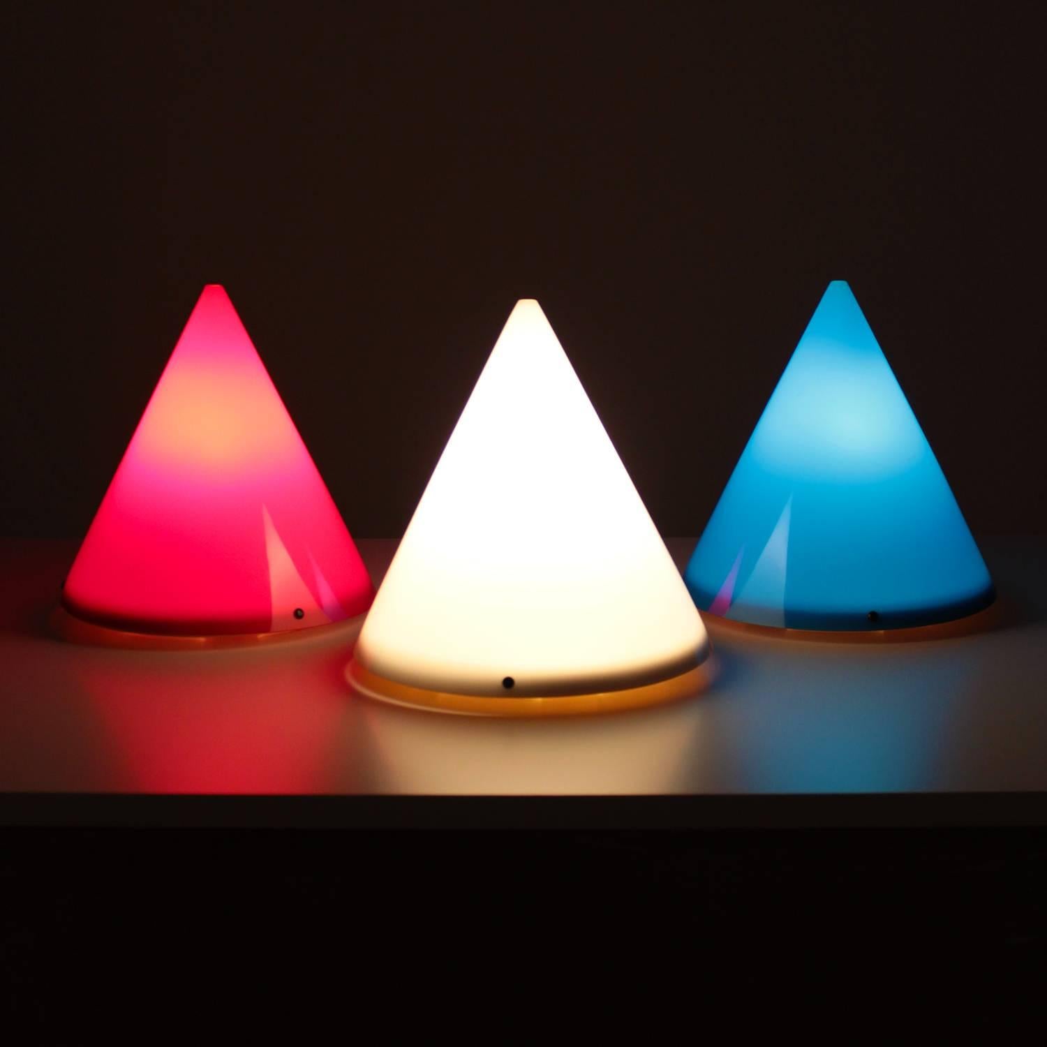 CONE LIGHTS, set of three wall lamps or table lamps, designed by Verner Panton and produced by the German Polythema in 1995 - ULTRA RARE set - only an estimated 1200 of these were produced!

The Cone lamp is cast in acrylic and features a thin