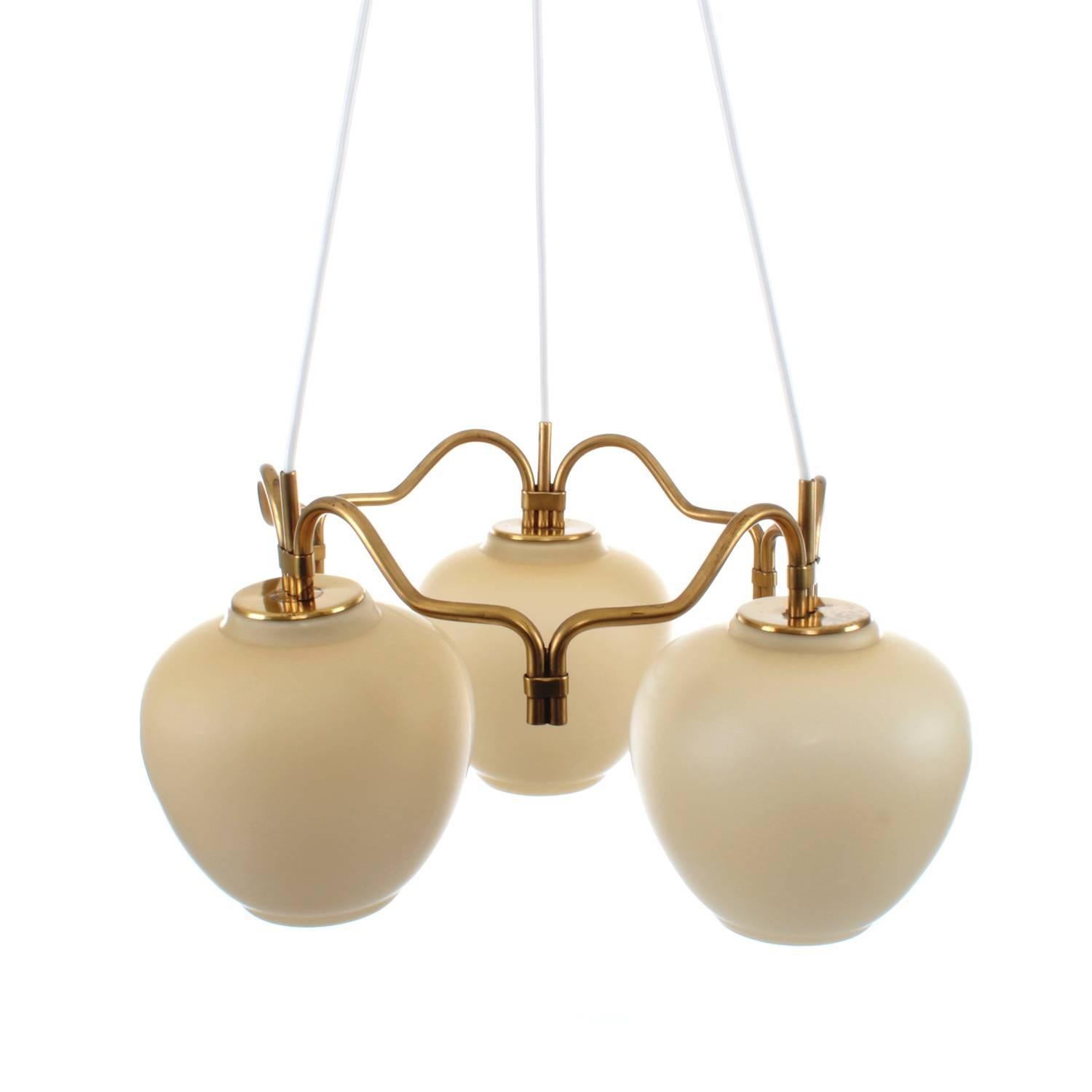 Danish Ring Chandelier, Opal and Brass by Bent Karlby for Lyfa, 1940s For Sale