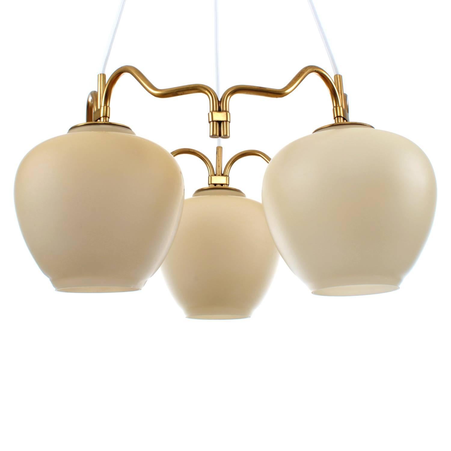 Mid-Century Modern Ring Chandelier, Opal and Brass by Bent Karlby for Lyfa, 1940s For Sale