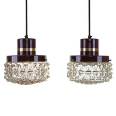 Brown and Crystal Pendant Pair, 1960s, Danish Midcentury Ceiling Lights