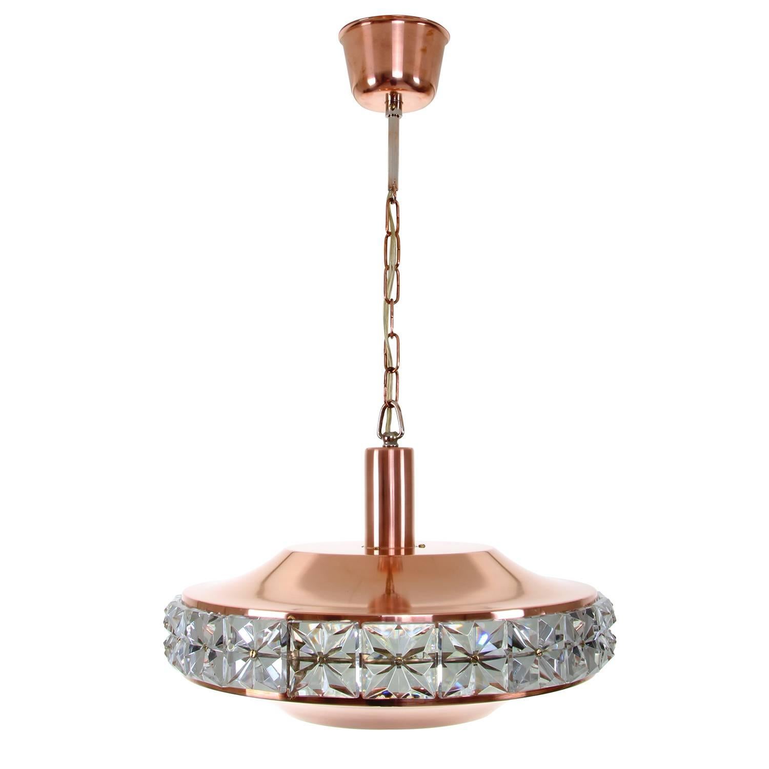 Copper and Crystal Pendant by Vitrika, 1960s, Danish Modern Copper Ceiling Light