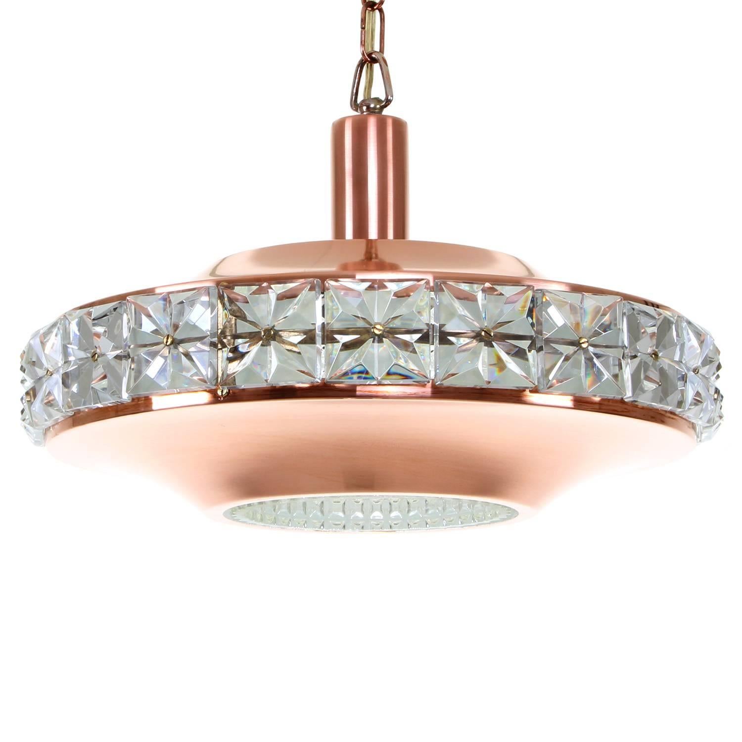 Polished Copper and Crystal Pendant by Vitrika, 1960s, Danish Modern Copper Ceiling Light