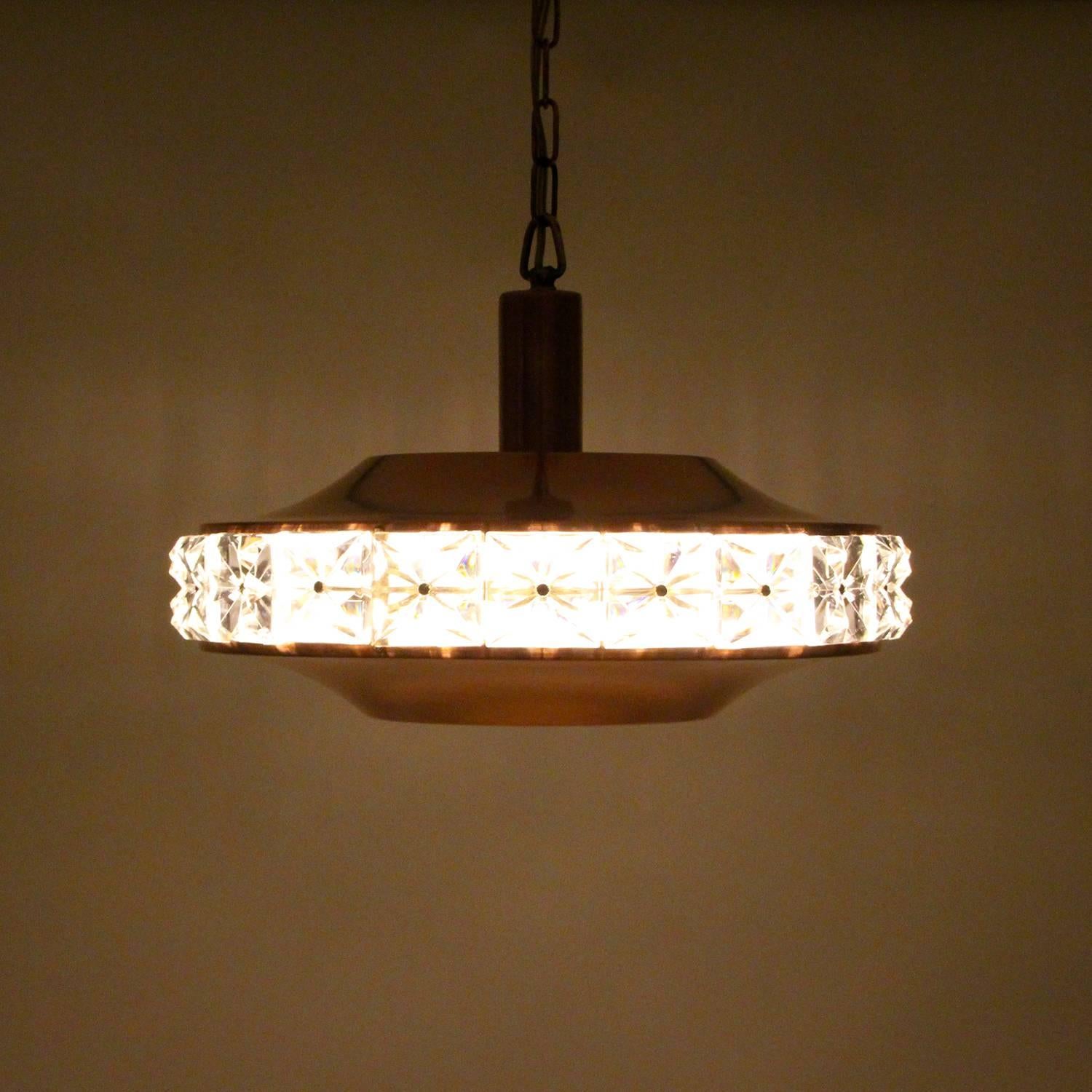 Hollywood Regency Copper and Crystal Pendant by Vitrika, 1960s, Danish Modern Copper Ceiling Light