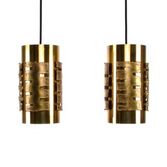 Brass Pendant Pair by Holm Sorensen, 1970s, Danish Brutalist Ceiling Lighting