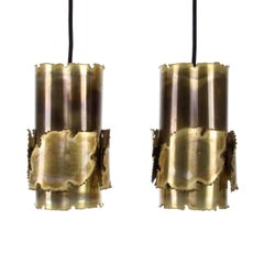 Brutalist Brass Pendant Pair by Holm Sorensen, 1970s Eclectic Ceiling Lights