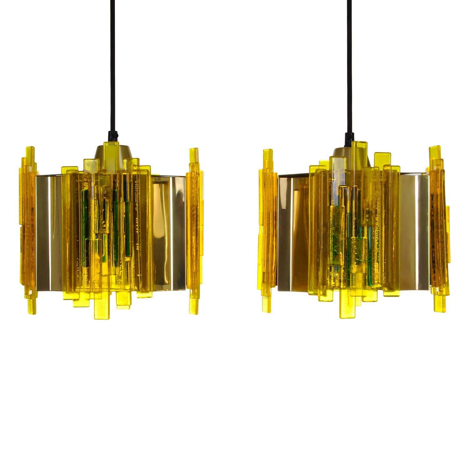 Yellow Plexiglas Pendant Pair by Claus Bolby, Cebo Industri, 1970s For Sale