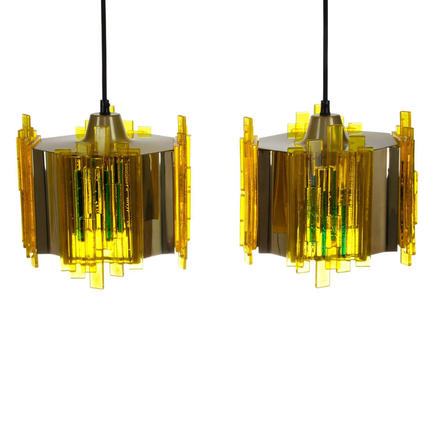 Lacquered Yellow Plexiglas Pendant Pair by Claus Bolby, Cebo Industri, 1970s For Sale