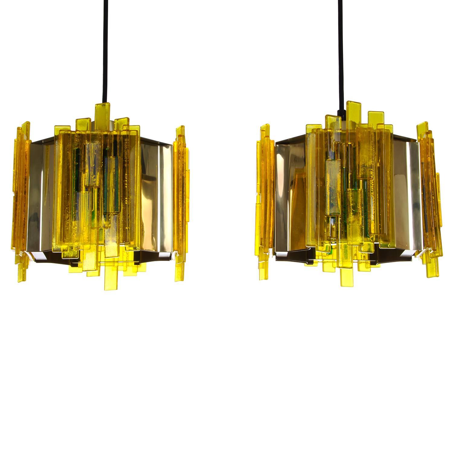 Scandinavian Modern Yellow Plexiglas Pendant Pair by Claus Bolby, Cebo Industri, 1970s For Sale