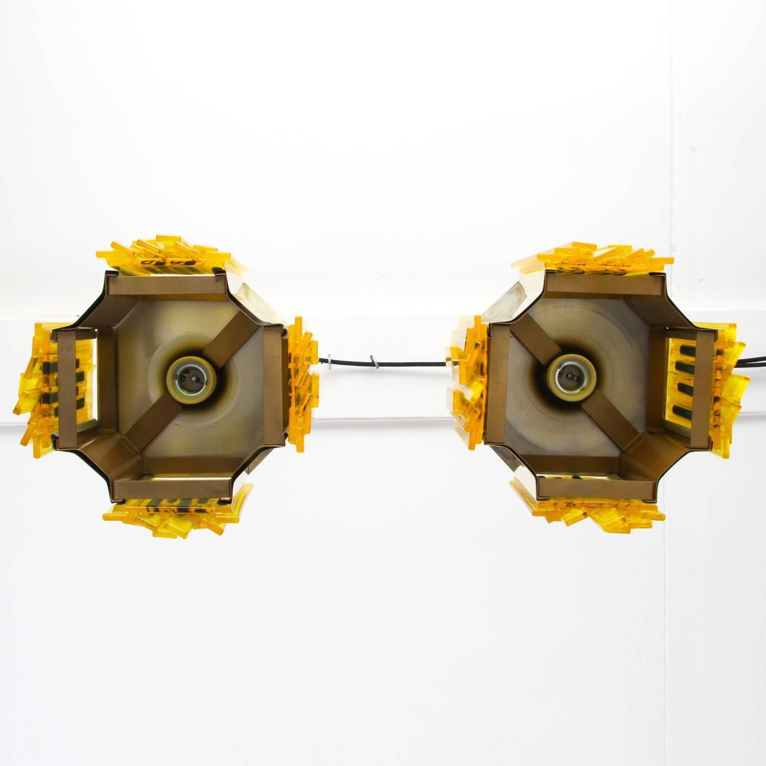 Late 20th Century Yellow Plexiglas Pendant Pair by Claus Bolby, Cebo Industri, 1970s For Sale